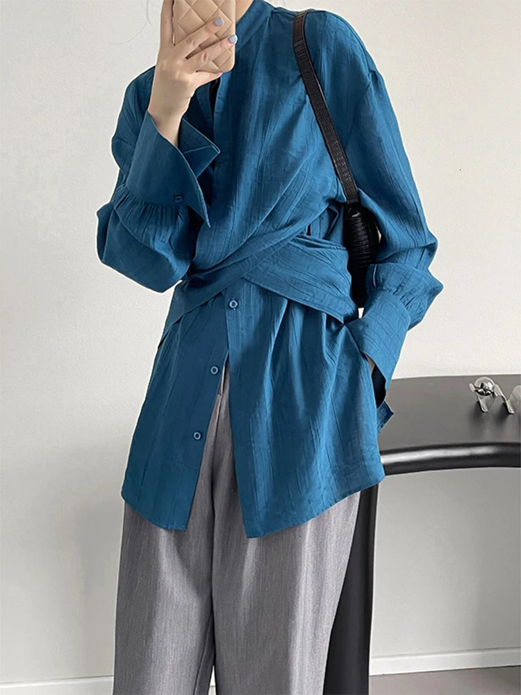 Home>Products>Womens Almond Cross Bandage Shirt> Stand up Long Sleeve Loose Fit Shirt>Fashion Trend Spring and Autumn 1DF1552 241115