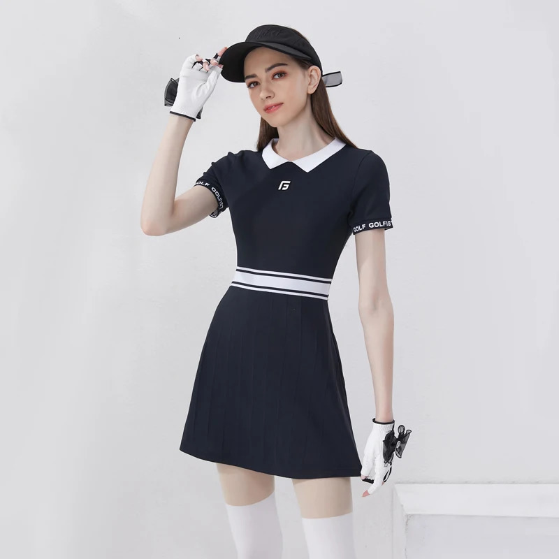 Sytle Golf Womens Kniteed Dress with Lapel Slim Fit Causal Sportswear Skirt Tennis Clothing 240416