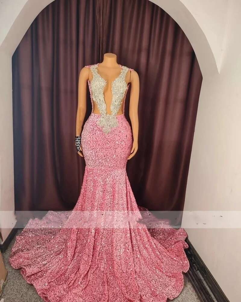 Arrival New Pink Sequins Mermaid Prom For Black Girls Beaded Birthday Party Gown Evening Dresses Robe De Bal