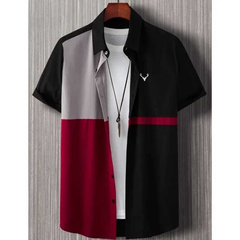 Men's Casual Shirts Mens casual fashion patch plaid 3D printed button up collar short sleeved shirt 240416