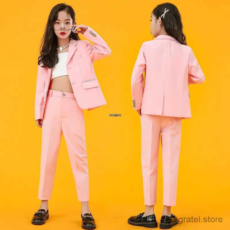 Suits Girls Pink Formal Wedding Suit Kids Jacket Pants 2PCS Party Photograph Set Teenager Tuxedo Party Dress Dance Show Costume