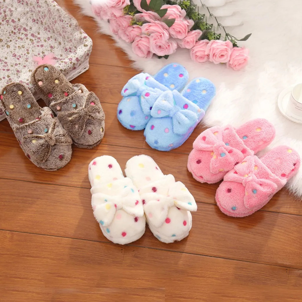 Womens Warm Home Slippers Cute Autumn Winter Bow Warmth Thick Plush NonSlip Leisure Shoes Soft Bedroom Floor Flat Slides 241115