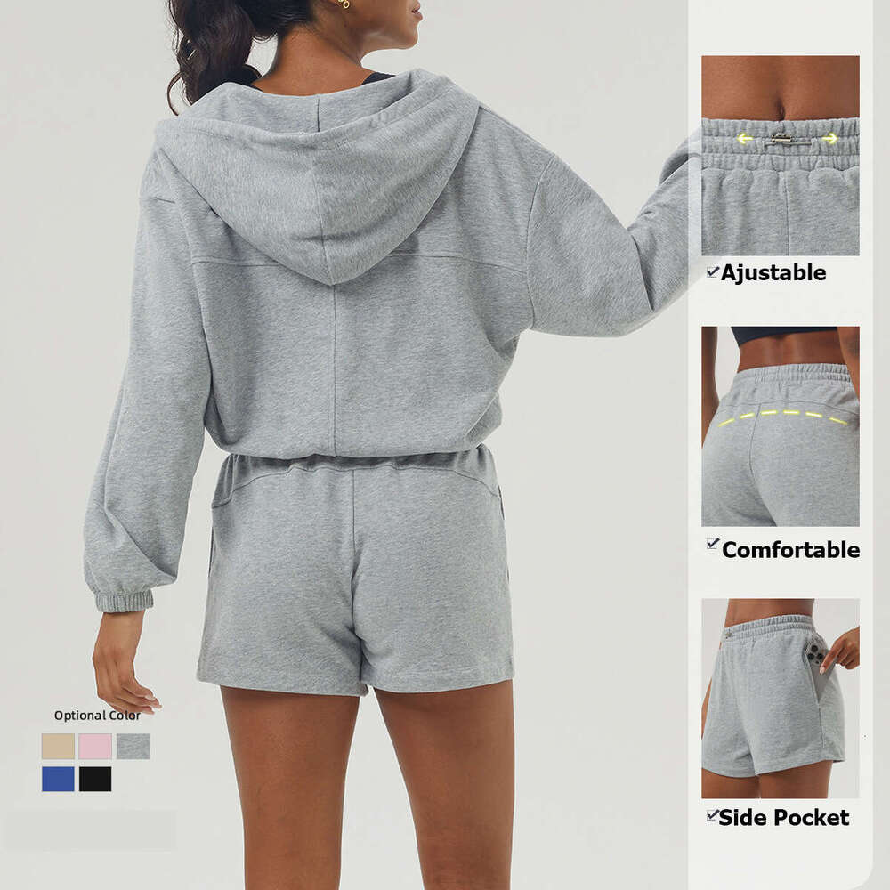Women Gym Running Suit Breathable Two Pieces Fiess Yoga Set Long Sleeve Hoodie Shorts Workout Clothes Female Sportswear