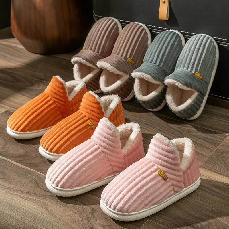 Winter Couple Style Concise Solid Color Wrap Heels Plush Slippers Nonslip Warm Flip Flops Women Men Home Casual Cotton Shoes 241115