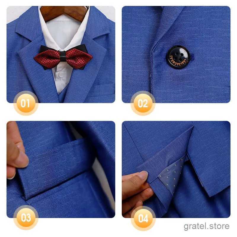 Suits Flower Boys Gary Blue Jacket Vest Pants Bowtie 4PCS Piano Party Dress Kids Ceremony Photograph Suit Children Performance Costume
