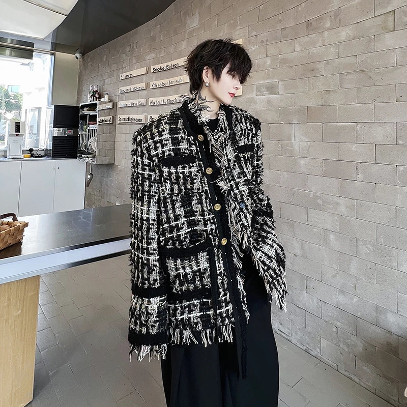 SYUHGFA mens autumn and winter round neck woven tweed loose jacket South Korean Strretwear mens single chest jacket 241115