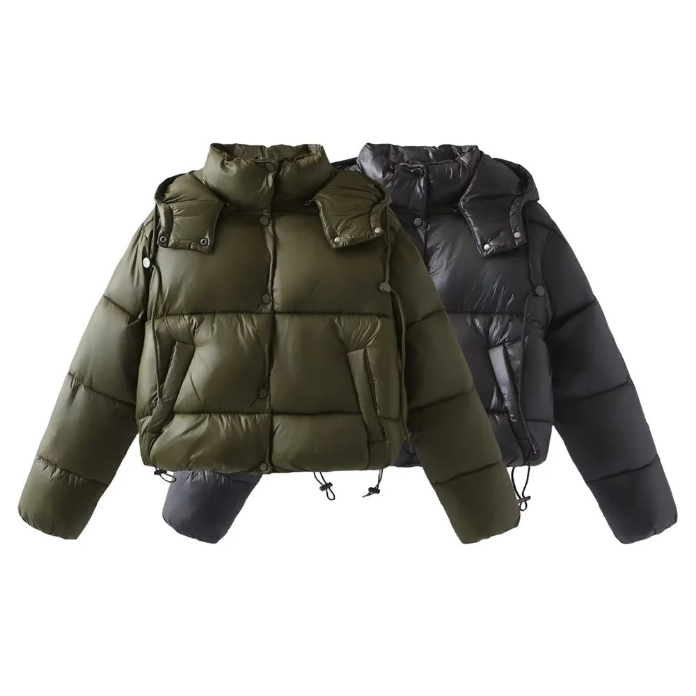 TRAF 2024 Autumn Product Womens Casual Stand up Collar Hooded Long Sleeve Loose Breadwear Short Cotton Jacket Coat 241115
