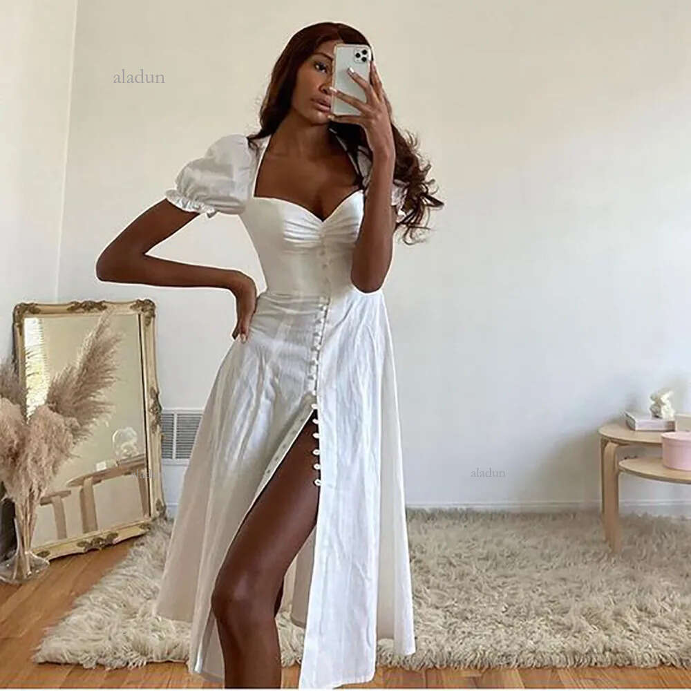Summer Dress Vintage Solid Button Midi Dress Sexy Party Club Strapless High Split Dresses Women Casual White Dresses Vestidos 210521