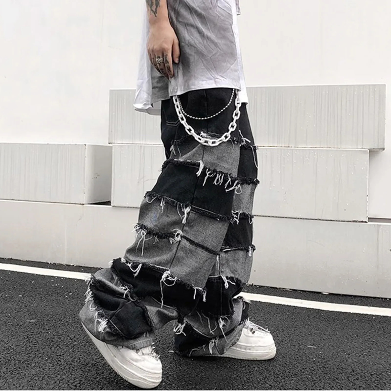 Tassel Jeans Mens Patchwork Wide Leg Lazy Style Hip Hop Loose Denim Pants Men Baggy Ripped Distressed Stacked Grunge 241115