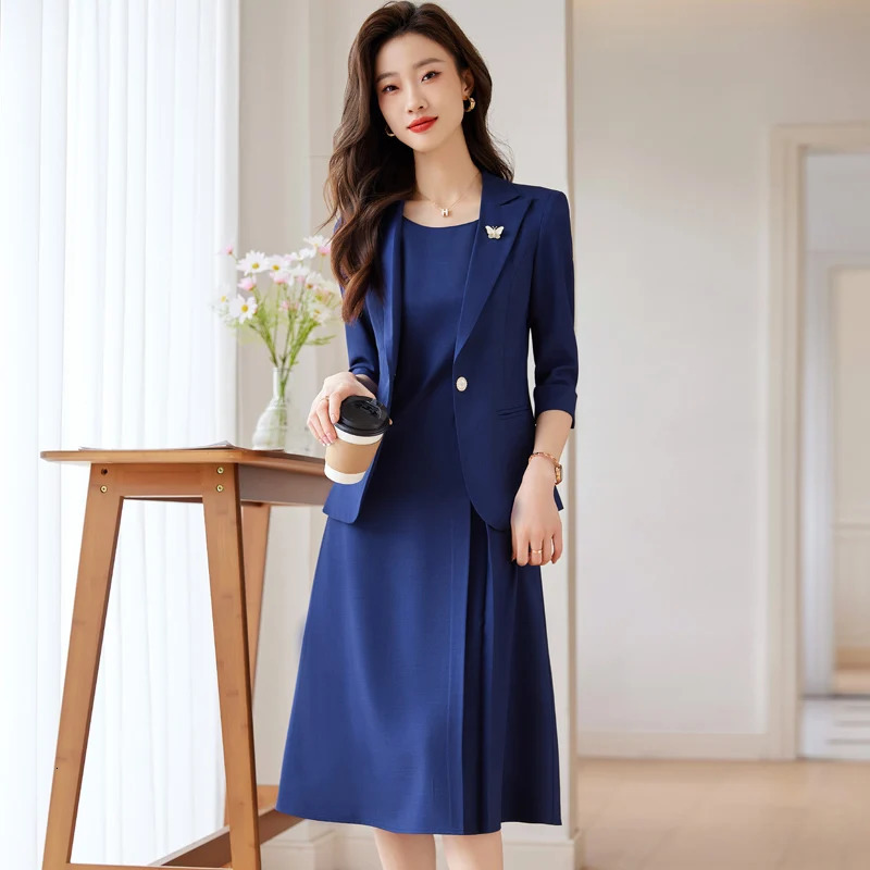 Elegant professional womens clothing fashionable minimalist style showcasing workplace dresses paired with jackets in the set 241115