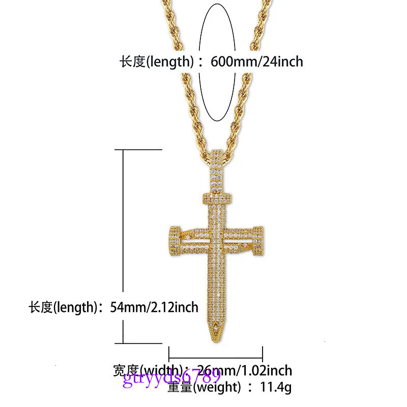Fashion- & White Gold Bg Cubic Zirconia Nail Cross Pendant Necklace Couples Iced Out Valentine Day Hip Hop Jewelry Gifts for Lovers