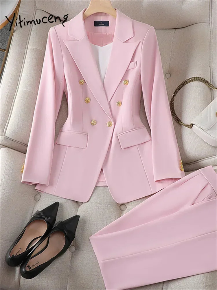 Yitimuceng Elegant Office Womens Two Piece Set Double Chest Long Sleeve Jacket Loose Casual Pants 241115