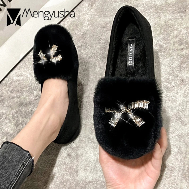 Large size 43 rabbit fur Moccasins womens crystal bowling ball flat round toe slider fur snowshoes winter outdoor shearing ballet dancer 241115