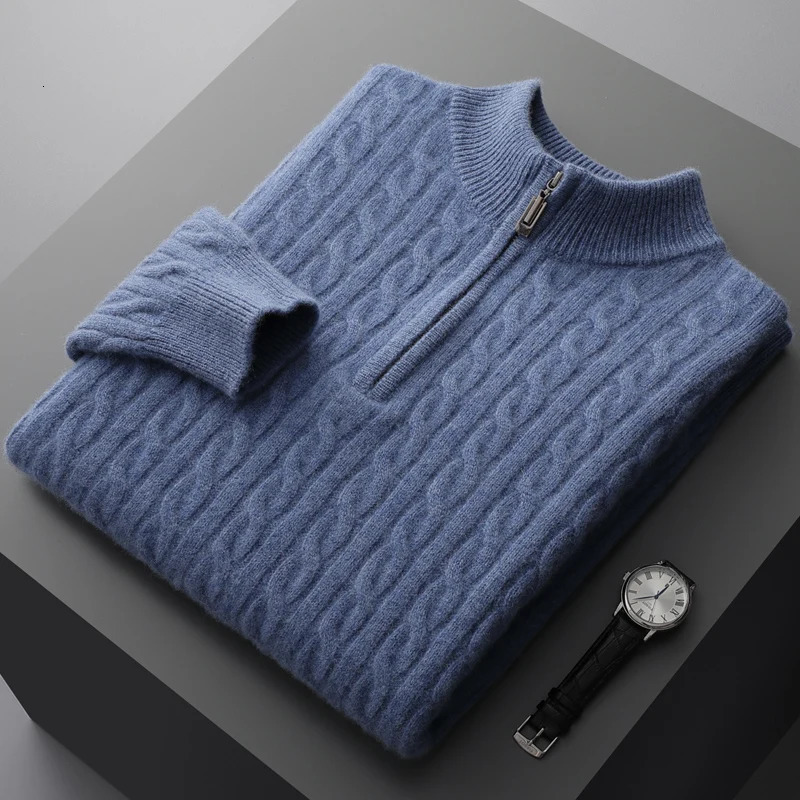 Autumn and winter 100% Merino wool cashmere sweater mens thick twist top zipper top plus size knitted sweater 241112