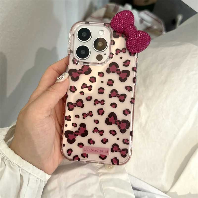 Phone case 3D Rhinestone Bow Leopard Print Phone Case For iPhone 15 Pro 12 13 14 Pro Max Cover with Cute Love Ch Silicone Cases Wen Z241102