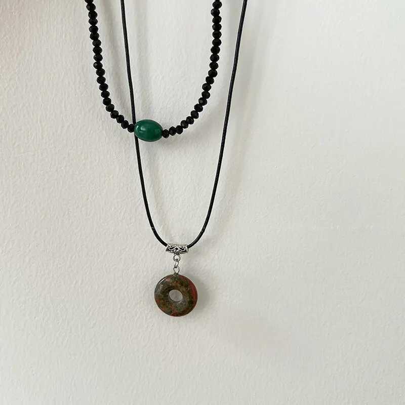 2 pieces of retro peace buckle pendant necklace natural stone bead chain necklace set womens Chinese style jewelry W250318