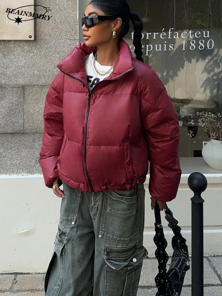 Vintage Burgundy Lapel Collar Women Cotton Coats Fashion Zipper Long Sleeve Down Jacket Lady Cool Girls Winter Commute Wear 241115