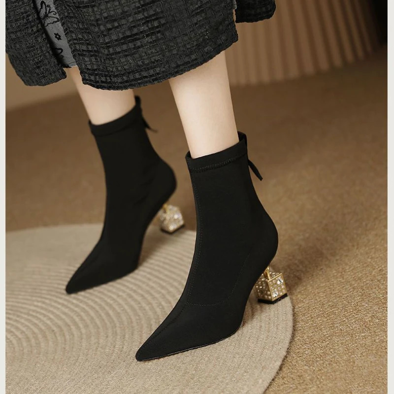 Spring/Summer Pointed Fashion Womens Elastic Boots Black Flip Cover Womens Casual Short Boots 241115