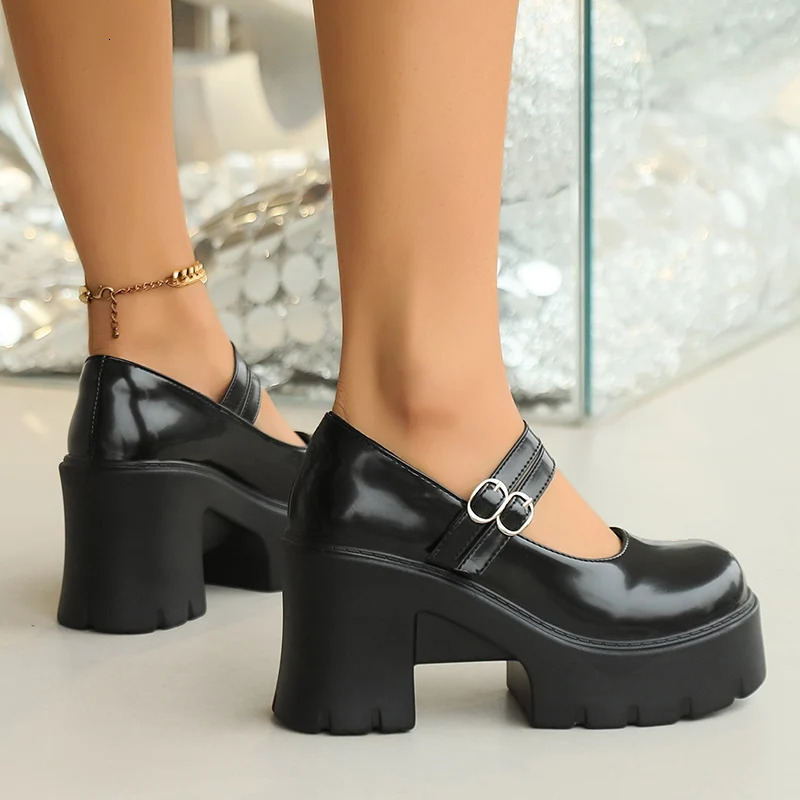 White black patent leather Mary Jens shoes womens super high heels ankle pumps womens thick soled shoes 241115