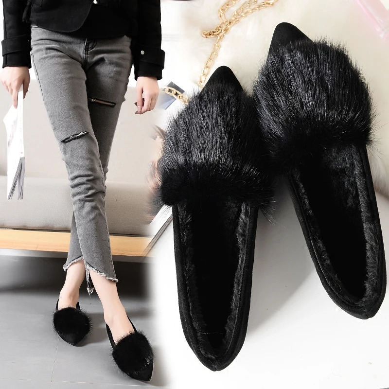 genuine leather mint fur leather shoes womens soft soled warm single shoes ballet dancer Mokasin wool sweater winter wool dot flat 241115