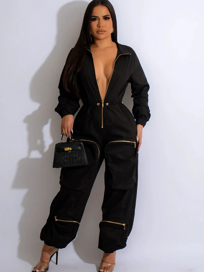 INS Cargo Jumpsuits Women Spring Clothing Solid Zipper Fly Big Pockets Long Rompers Playsuits One Pieces Pants Overalls Outfits 241116