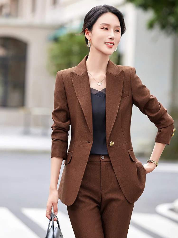 Office womens formal pants set 2piece green coffee long sleeved business workwear jacket and Trouser 241115