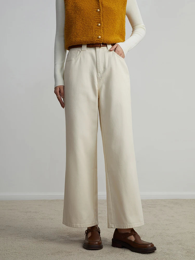 DUSHU High Waist Retro Denim Blue Women Winter Straight Long Jeans Twill Thick Female White Pant Tapered jean 241115