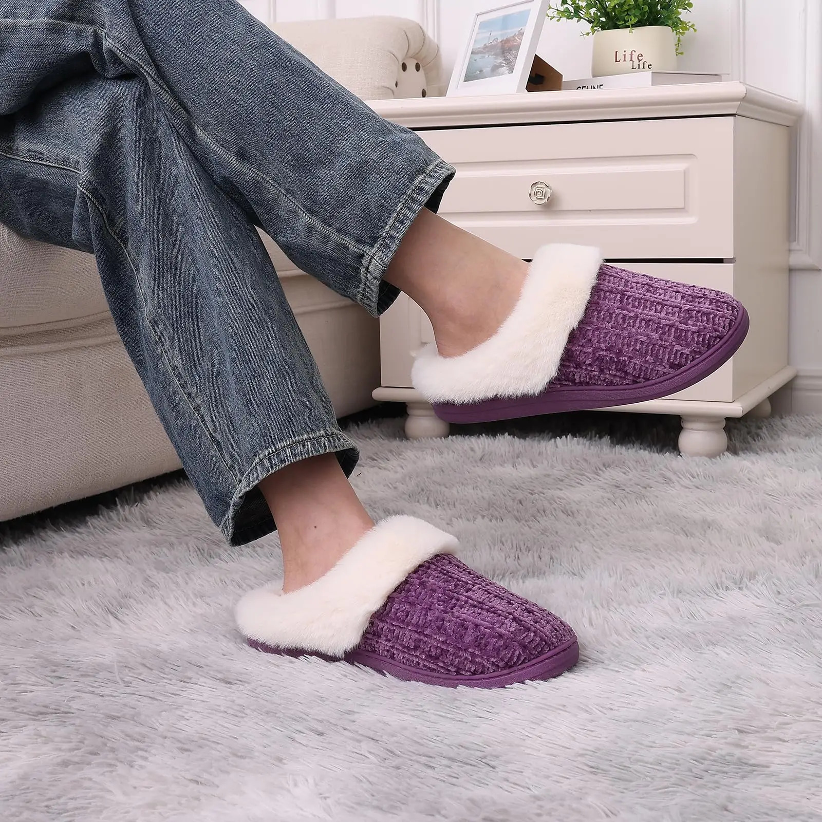Shevalues Knit Plush Slippers Memory Foam Fuzzy Slippers Furry Fluffy Slides AntiSkid Rubber Sole Winter House Cotton Slippers 241115