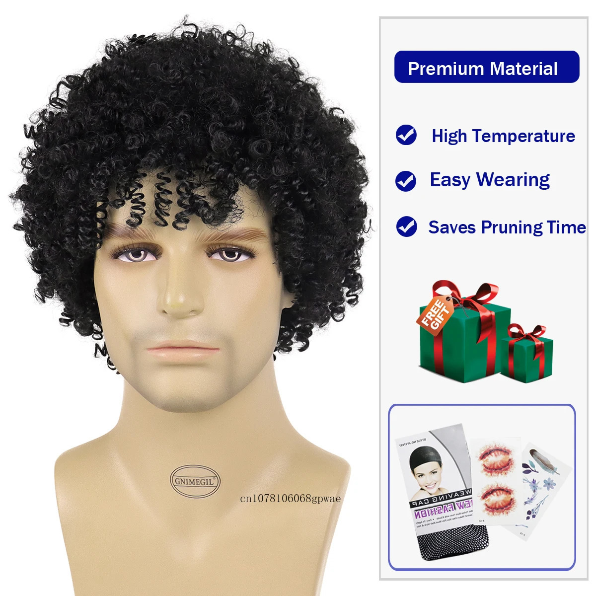 Natural Black Bouncy Curly Hair Synthetic Wigs for Men Short Kinky Curly Wig with Bangs Afro Wigs Man Cosplay Halloween Party 241115