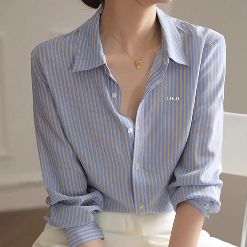 Womens shirt trend classic high-end womens long sleeved retro elegant striped version office womens fashionable top 241115