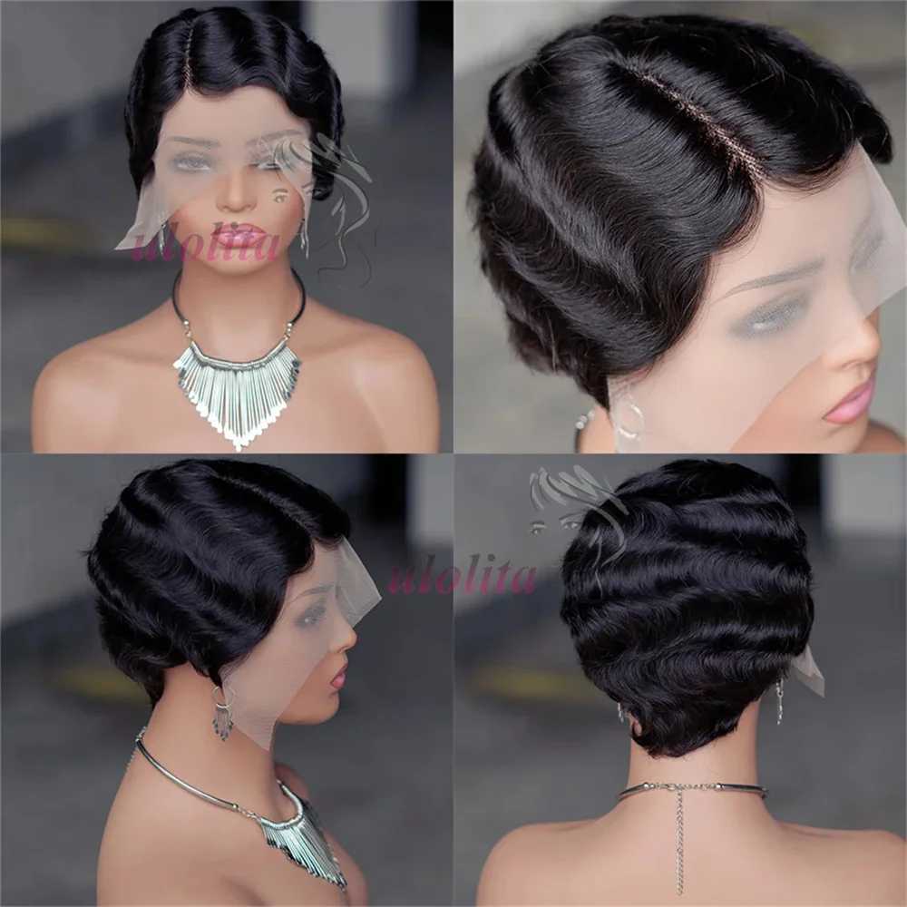 Cutting Finger Wave Short Bob Wig Suitable for Black Female Human Hair Ocean Wave Short Indian Human Hair Wig 13X1 Lace Front Wigs W241116