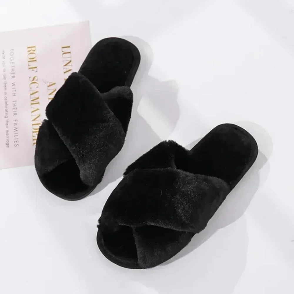 Winter Women House Slippers Faux Fur Fashion Warm Shoes Woman Slip on Flats Female Slides Black Pink cozy home furry slippers 241115