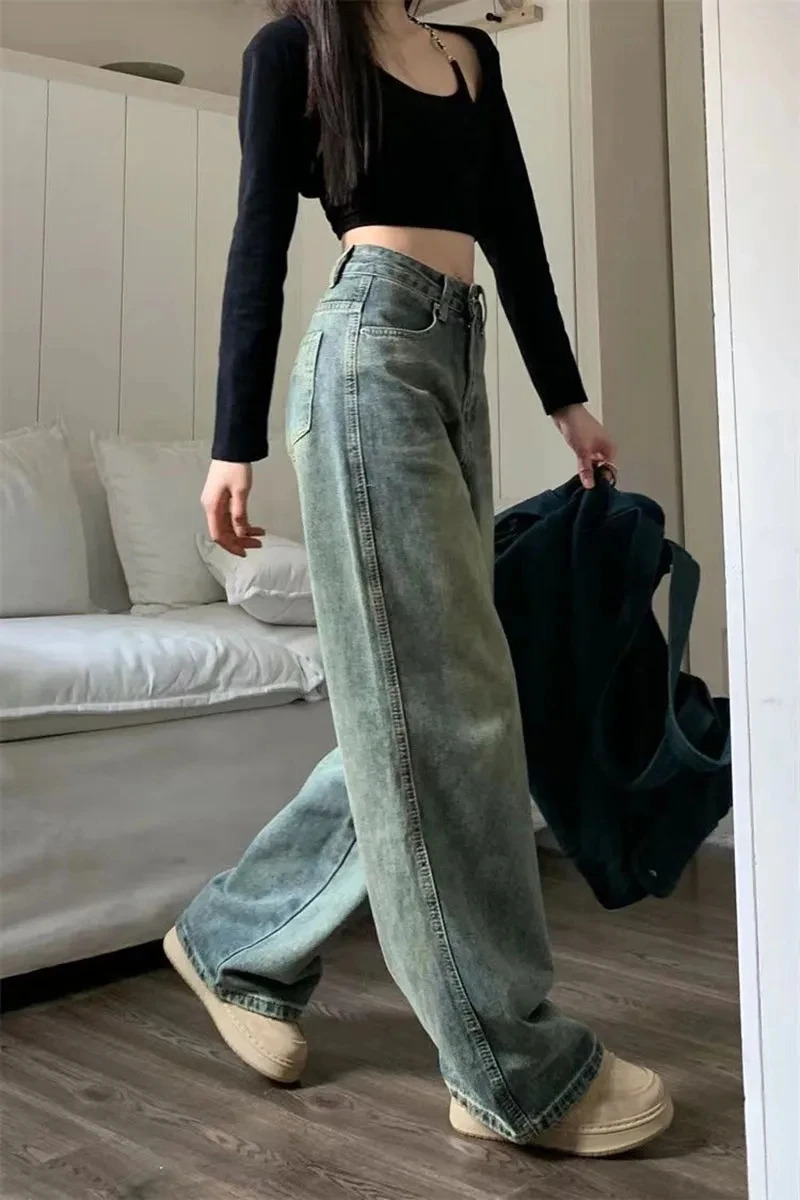 Y2K Baggy Casual Wide Leg Jean Streetwear AllMatch Washed Denim Trousers Female Vintage 90S High Waist Straight Pants 241108