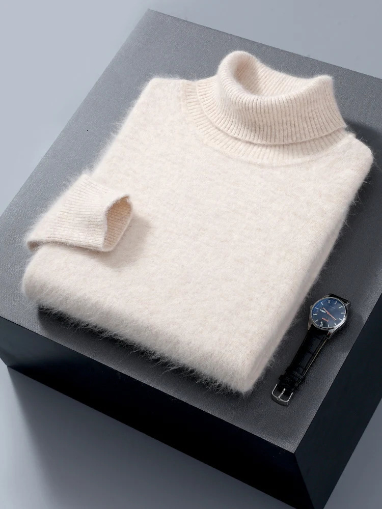 100% mink cashmere mens turtle neck sweater autumn winter thick classic solid loose knit clothing 241115