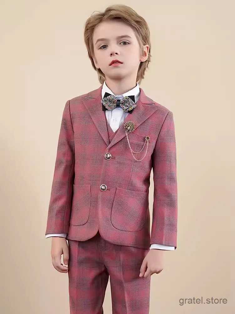 Suits Children Red Jacket Vest Pants 3PCS Photograph Suit Boys Wedding Dress Prince Kids Tuxedo Set Teenager Birthday Party Costume