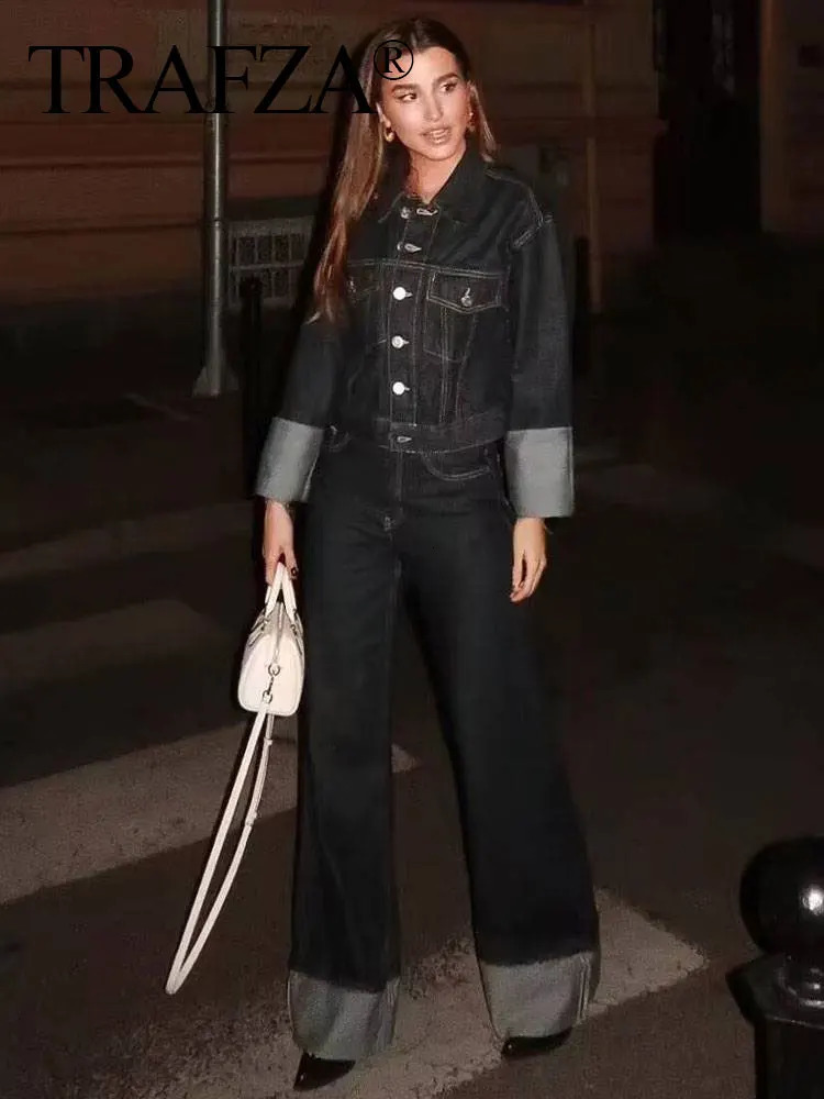 TRAFZA 2024 Autumn Female Vintage Denim Suit Long Sleeve Single Breasted Lapel CoatHigh Waist Wide Leg Jeans Street Fashion Set 241115
