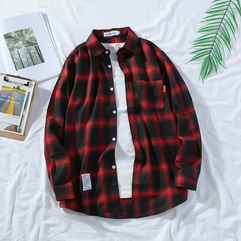 Fashionable Harajuku plaid mens shirt for spring autumn and winter high-quality casual flannel mens retro long sleeved shirt 241112