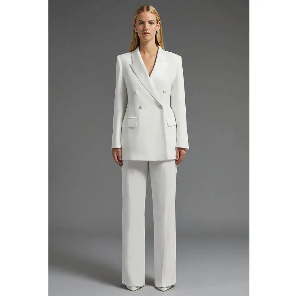 Highend White Double Breasted Women Suit Two PiecesJacketPants Lapel Outfits Chic Casual Party Prom Wedding Set 241115