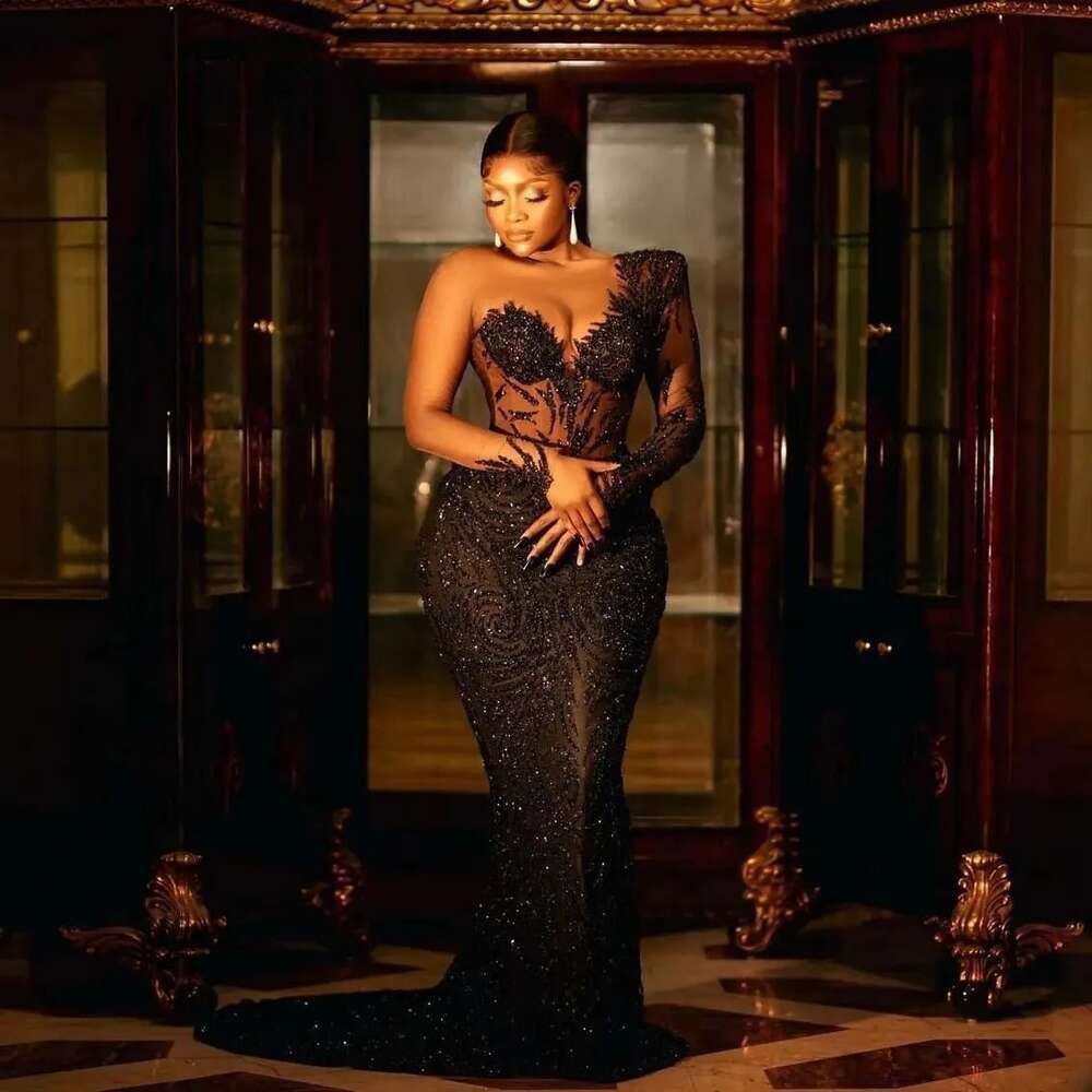 Neck Sexy V Mermaid Black Sequins Prom Dresses With Sheer Long Sleeves Formal Evening Ocn Gowns For African Women 0218