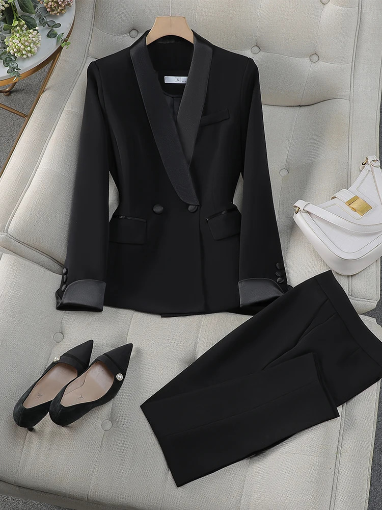Elegant red and black womens pants set office business work clothes 2piece formal jacket Trouser 241115