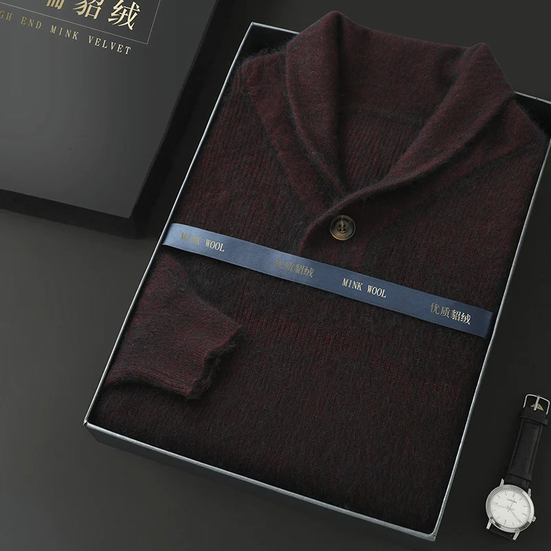 Selling 100% mink cashmere sweater mens long sleeved winter olive collar business casual bottom 241115