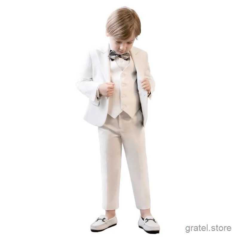 Suits Flower Boys White Baptism Party Dress Children Jacket Vest Pants 3PS Ceremony Photograph Suit Kids Piano Performance Costume