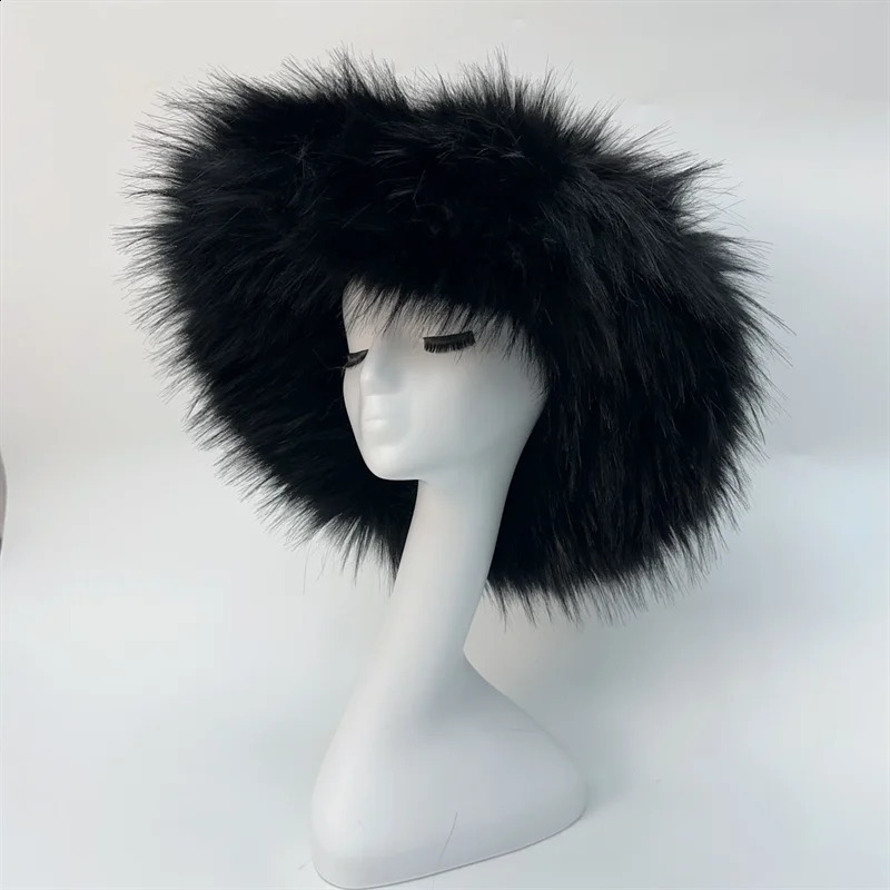 Winter Warm Plush Bucket Hat Women Oversize Earflaps Fluffy Faux Fur Hats Fashion Furry Raccoon Cotton Solid Color 241116