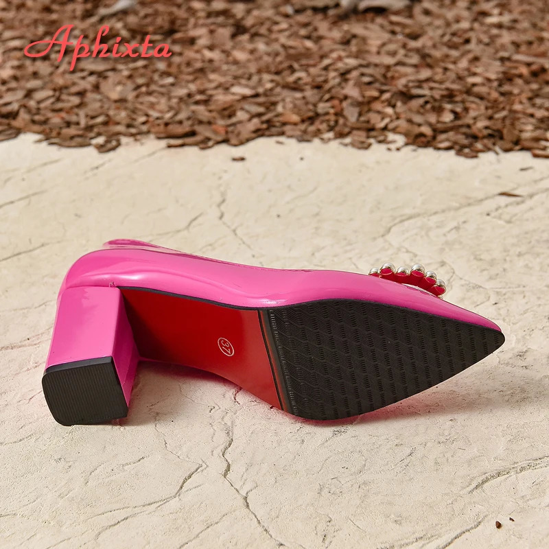 Aphixta 2024 Pearl Crystal Buckle Baby Pink Pump Womens Thick High Heels Parents Children Large Size 30- 241115