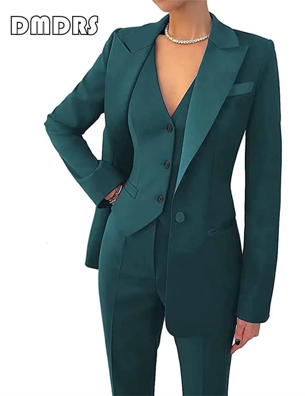 Ultra slim fit womens set 3piece one button jacket vest pants plus size formal tailcoat with pockets 241115