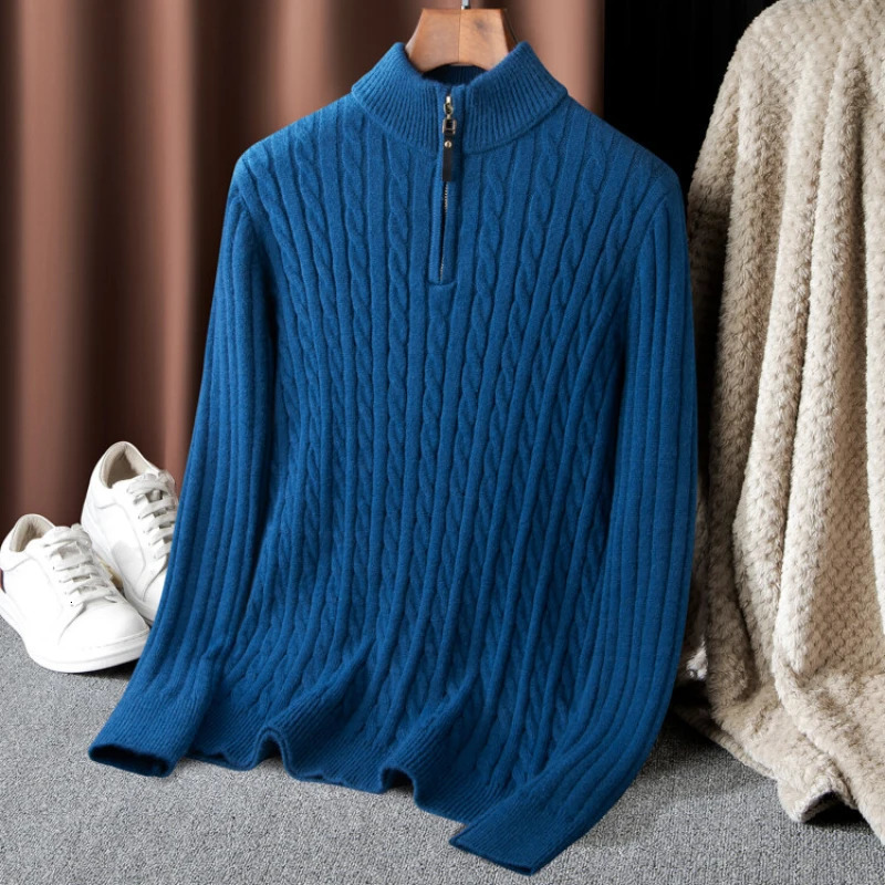 Mens Solid Color Turtle Neck Top Autumn/Winter Zipper Pulling Sweater Elastic Sweater 241112