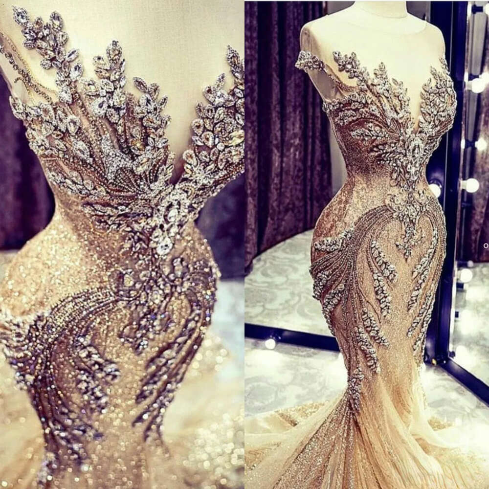 Evening New Gold Dresses Lace Crystal Beads Sequin Sweep Train Formal Bridal Pageant Prom Gowns Custom Made 6660311