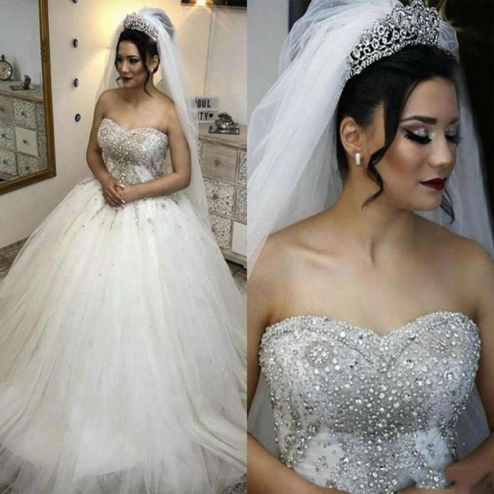 Crystals Dresses Beaded Sweetheart Necke Tulle Sweep Train Custom Made Ballgown Wedding Bridal Gown Vestido De Novia