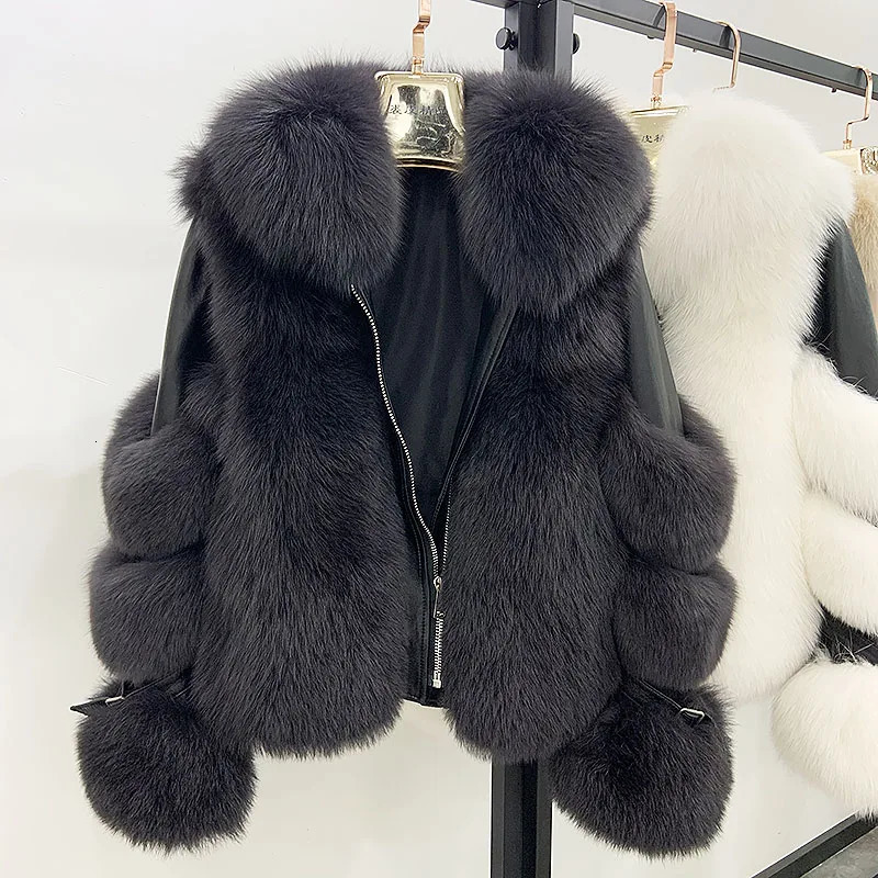 Maylofuer Women Real Fox Fur Coat Genuine Sheepskin Leather Jacket Long Sleeve 100% Natural Coats with Detachable Collar 241116