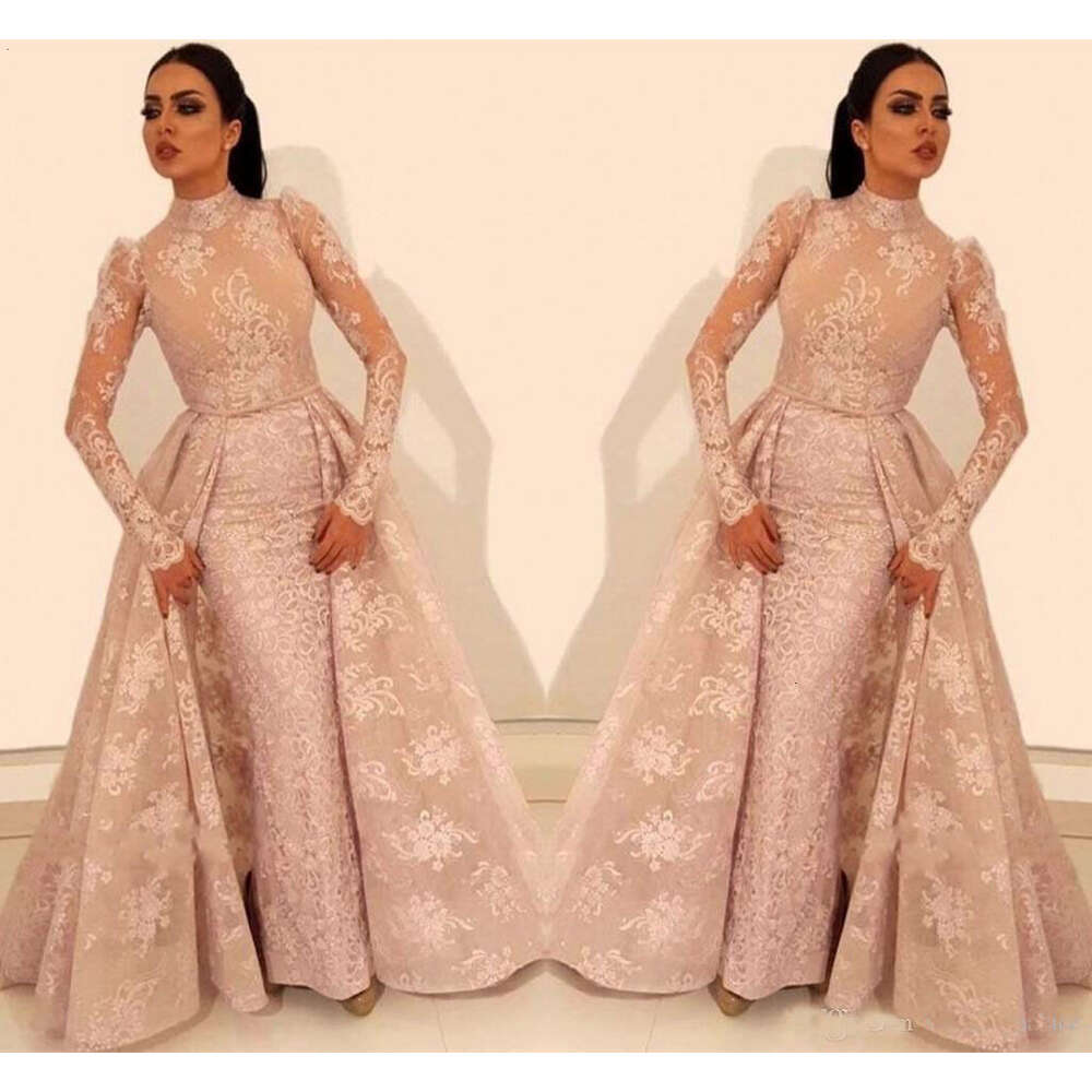 Arabic Saudi Long Sleeve High Neck Lace Evening Gowns Appliques Beaded Middle East Prom Dresses
